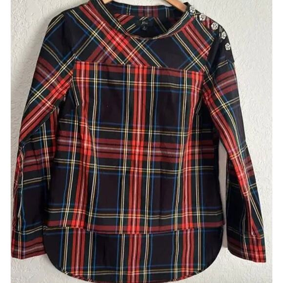 J. Crew Funnel Neck Jeweled Button Tartan Red and Black Plaid Top Size 2 - Picture 4 of 4